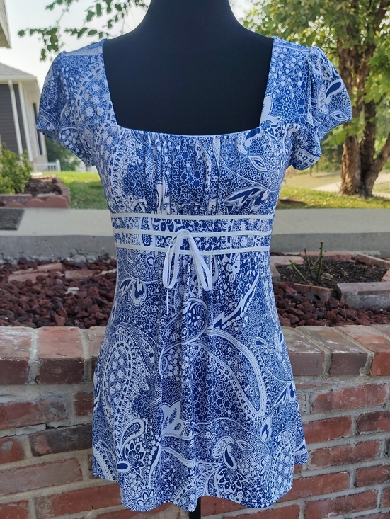 Studio Y Tops - Vintage Studio Y Babydoll Square Neck Tunic Top Size S Y2K 90s Blue White Boho
